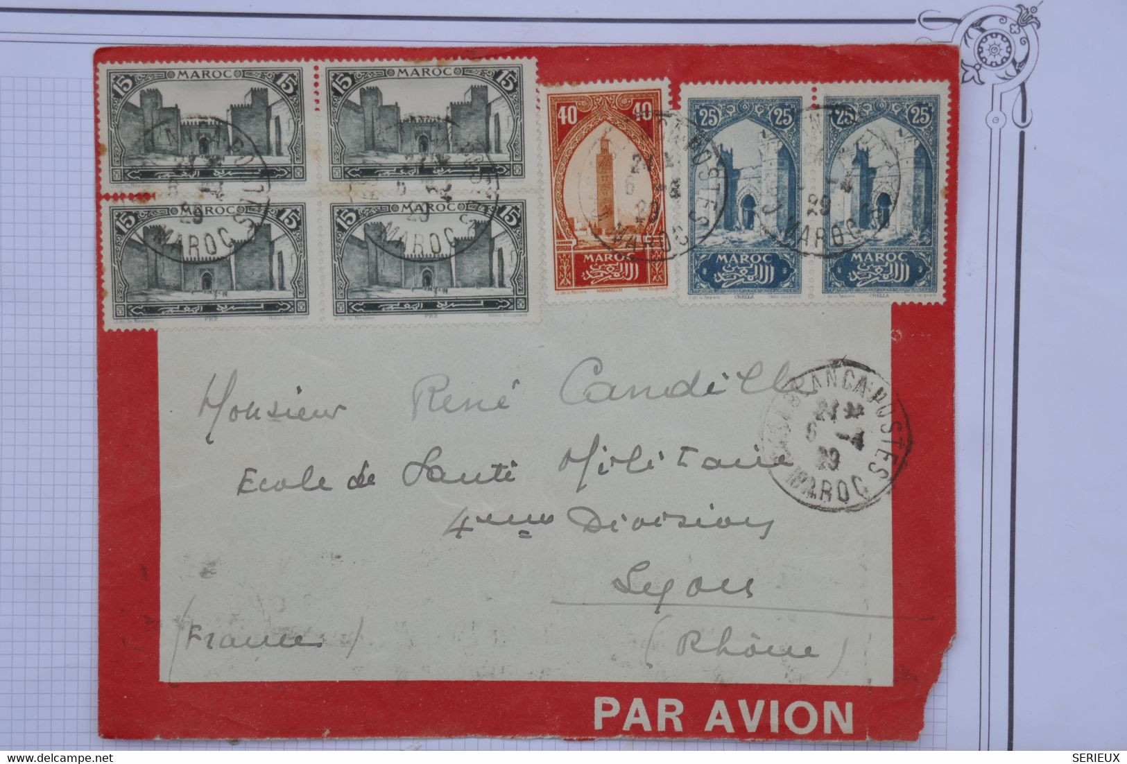 AO 12 MAROC  BELLE LETTRE 1929 CASABLANCA  POUR  LYON FRANCE  + BLOC DE 4 TP +++ AFFRANC. PLAISANT - Airmail