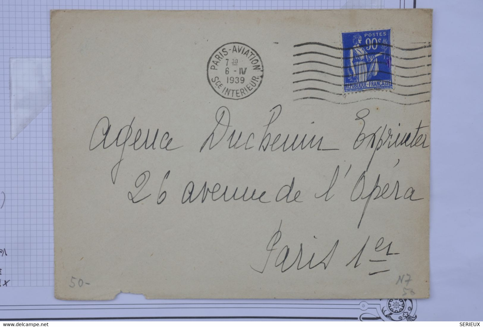 AO 14 FRANCE BELLE LETTRE  1939 PARIS AVIATION SERVICE INTERIEUR + AFFRANC. PLAISANT - 1960-.... Lettres & Documents