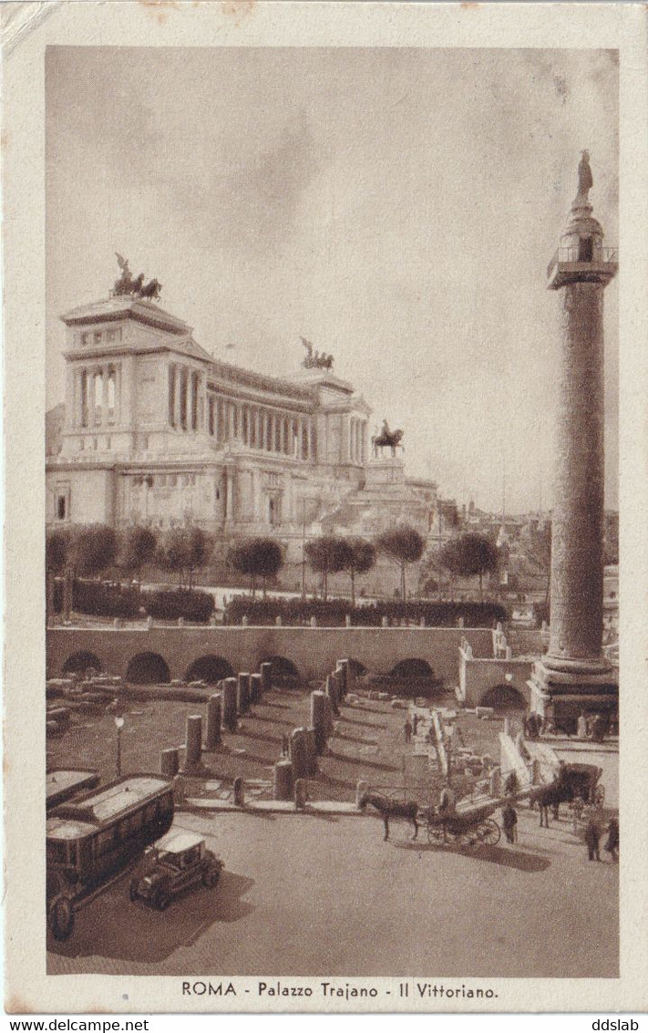 Roma - Palazzo Traiano E Il Vittoriano - Animata (carrozze E Mezzi), Viaggiata 1934 - Annullo Targhetta Mostra Fascista - Altare Della Patria