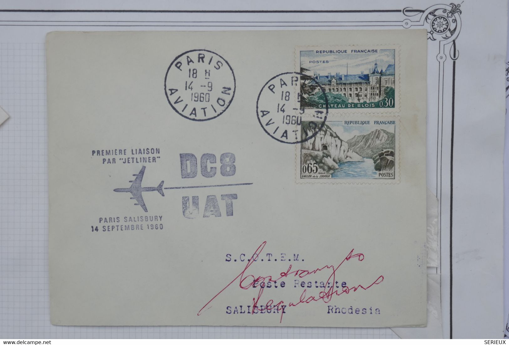 AO 14 FRANCE BELLE LETTRE  1960 1ER VOL JET PARIS  SALISBURY RHODESIA +SIGNATURES ++ AFFRANC. PLAISANT - 1960-.... Covers & Documents