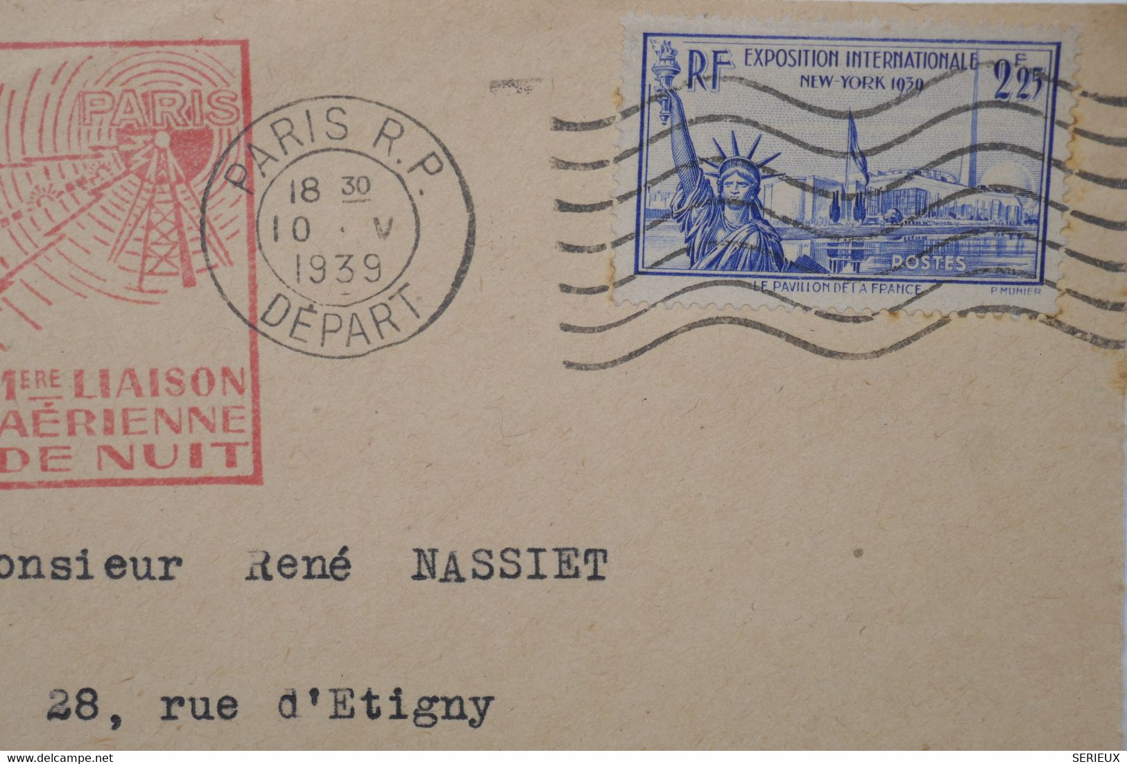 AO 14 FRANCE  LETTRE DEVANT 10 MAI  1939 1ER VOL DE NUIT  PARIS PAU + AFFRANC. PLAISANT - 1960-.... Storia Postale