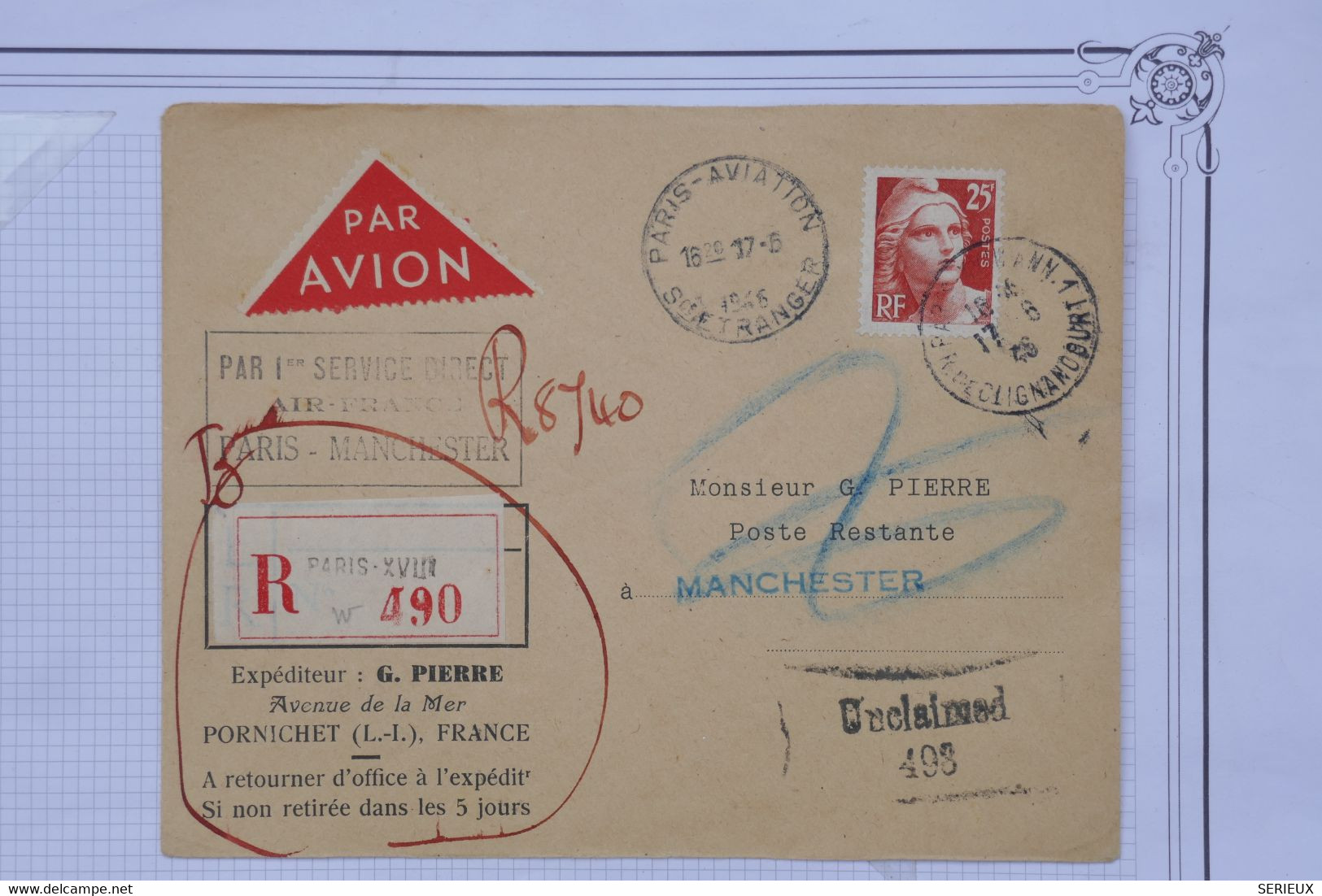 AO 14 FRANCE BELLE  LETTRE  RECOM. 17 06  1946 1ER VOL  PARIS AVIATION POUR MANCHESTER  +GANDON 25F ++ AFFRANC. PLAISANT - 1960-.... Cartas & Documentos