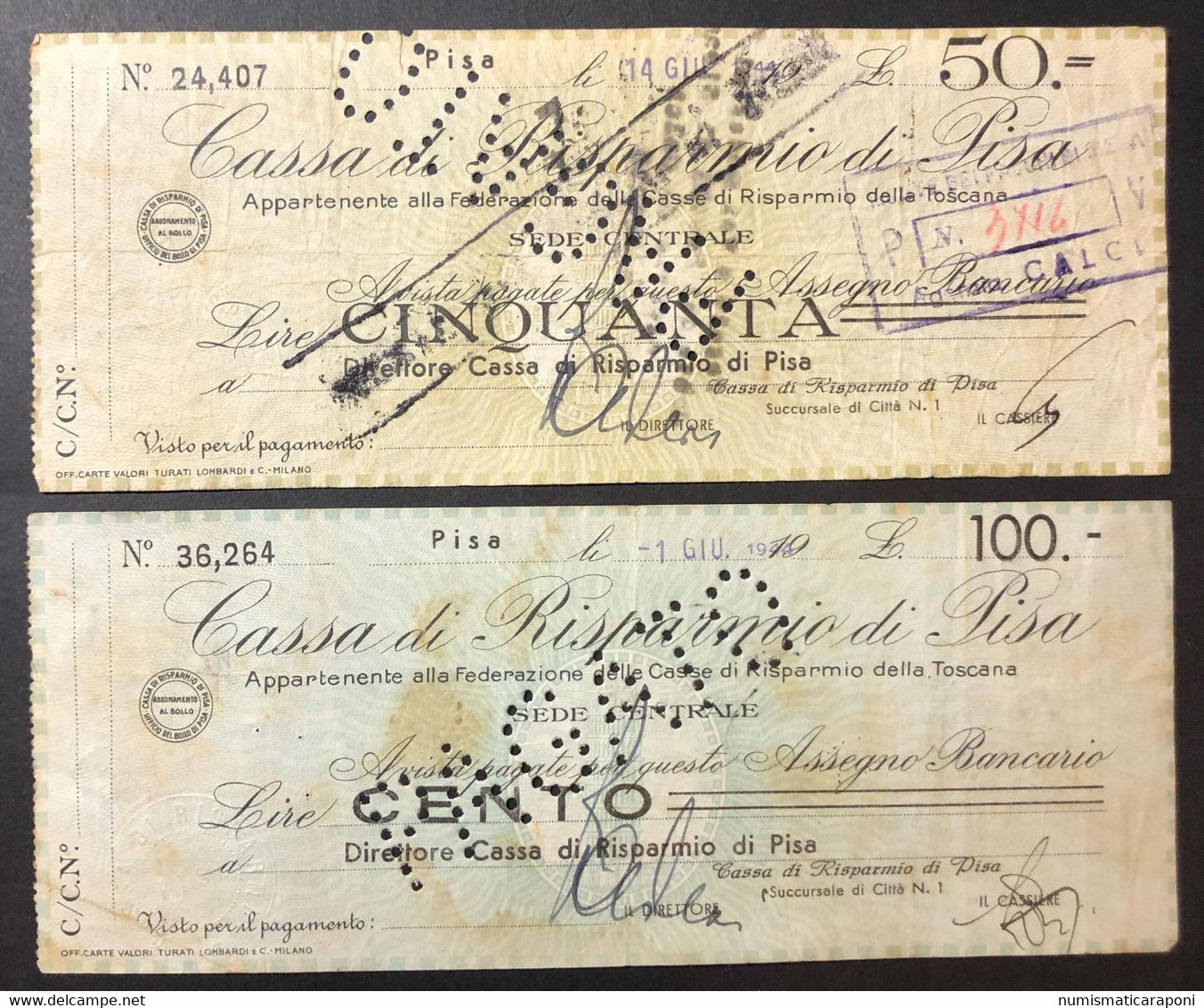 50+100 LIRE RSI CASSA DI RISPARMIO DI PISA 06.1944 ASSEGNO A TAGLIO FISSO LOTTO 2944 - Sonstige & Ohne Zuordnung