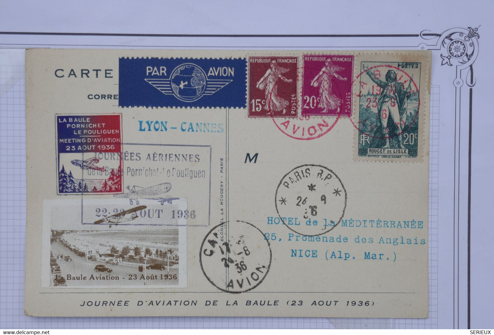 AO 14 FRANCE BELLE  CARTE 1936 MEETING D AVIATION  LA BAULE  POUR NICE VAR +++ AFFRANC. PLAISANT - 1960-.... Storia Postale