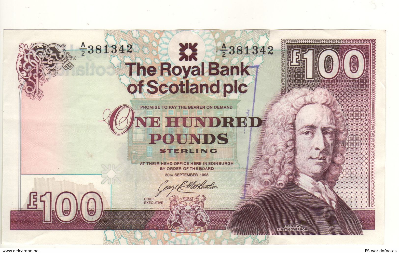 SCOTLAND 100 Pounds  P358b "Royal  Bank Of Scotland"  Dated 30th September 1998  ( Lord Ilay+Balmoral Castle ) - 100 Pounds