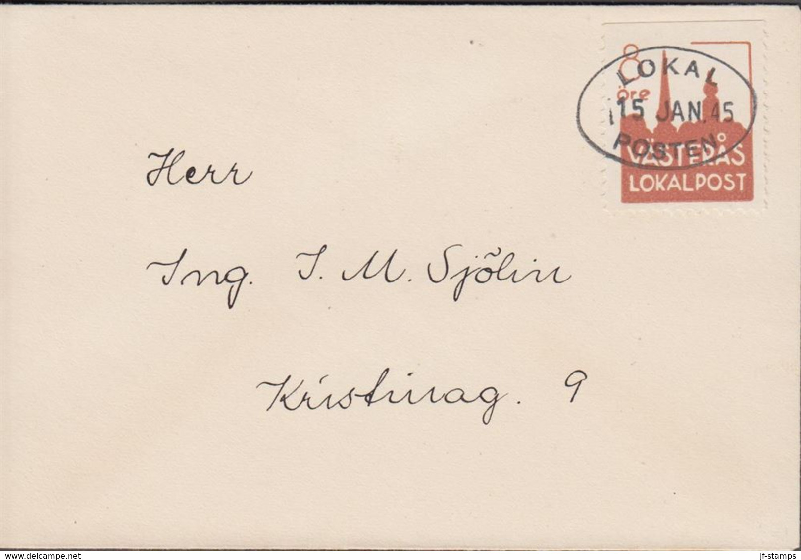 1945. SVERIGE. VÄSTERÅS LOKALPOST. 8 ÖRE On FDC Cancelled Day Of Issue LOKAL POSTEN 15 JAN 45. Unusual. - JF520087 - Emissions Locales