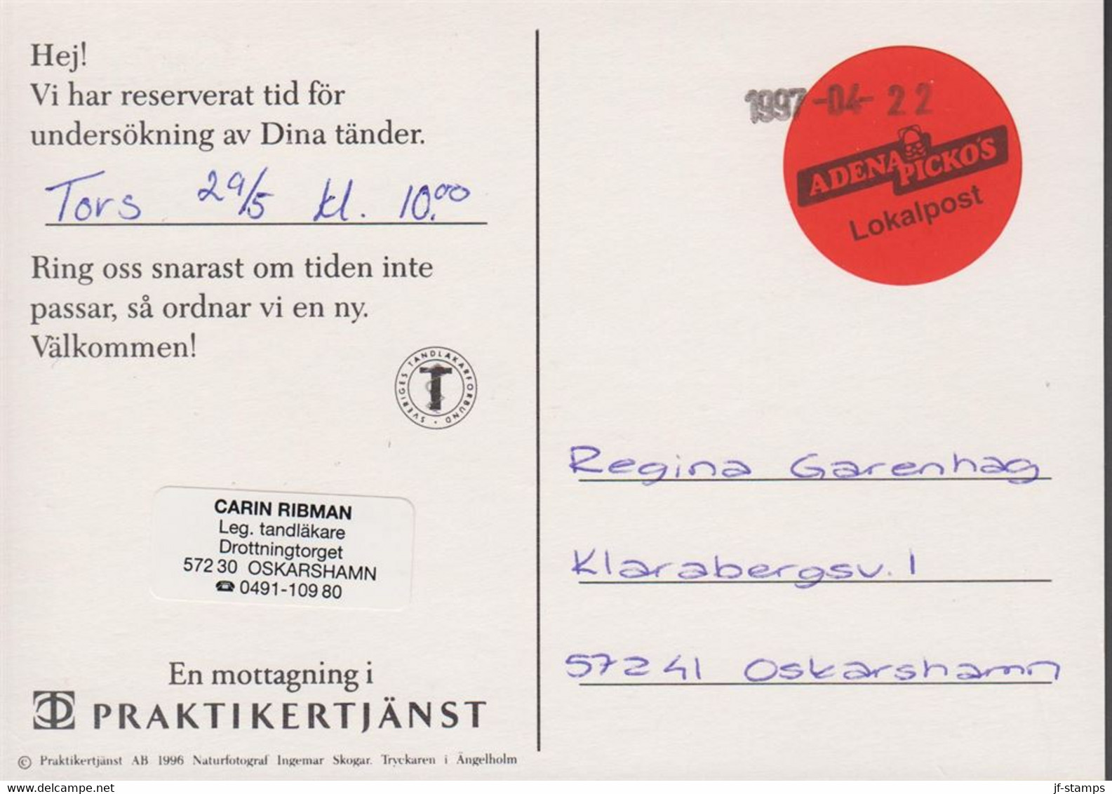 1997. SVERIGE. ADENA PICKOS Lokalpost In Oskarshamn. Red Seal On Post Card Cancelled 1997-04-22. Reservati... - JF520088 - Ortsausgaben
