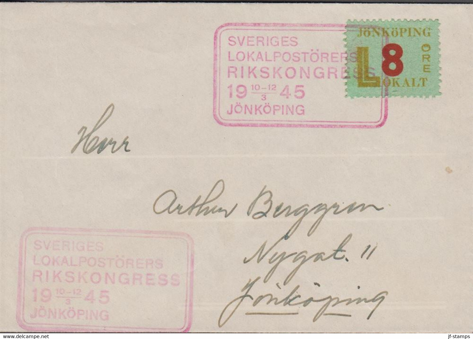 1945. SVERIGE. JÖNKÖPING LOKALT. 8 ÖRE On Cover Cancelled SVERIGES LOKALPOSTÖRERS RIKSKONGRESS 10-12 3. 19... - JF520095 - Emisiones Locales