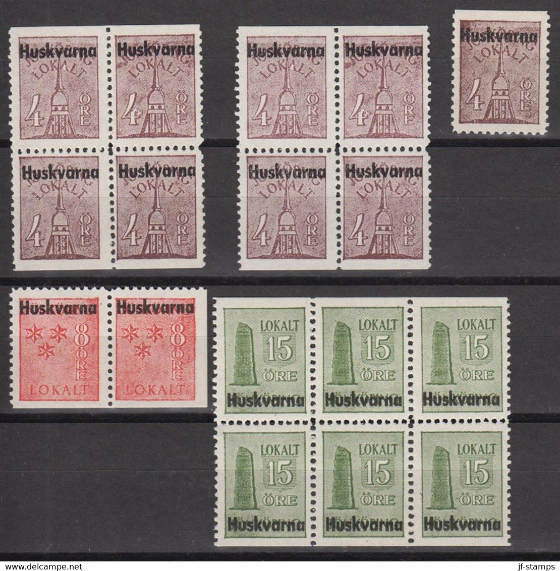 1945. SVERIGE. HUSKVARNA LOKALT 9 Ex 4 öre + 2 Ex 8 ÖRE + 6-block 15 öre All Never Hinged Stamps.  - JF520101 - Emissions Locales