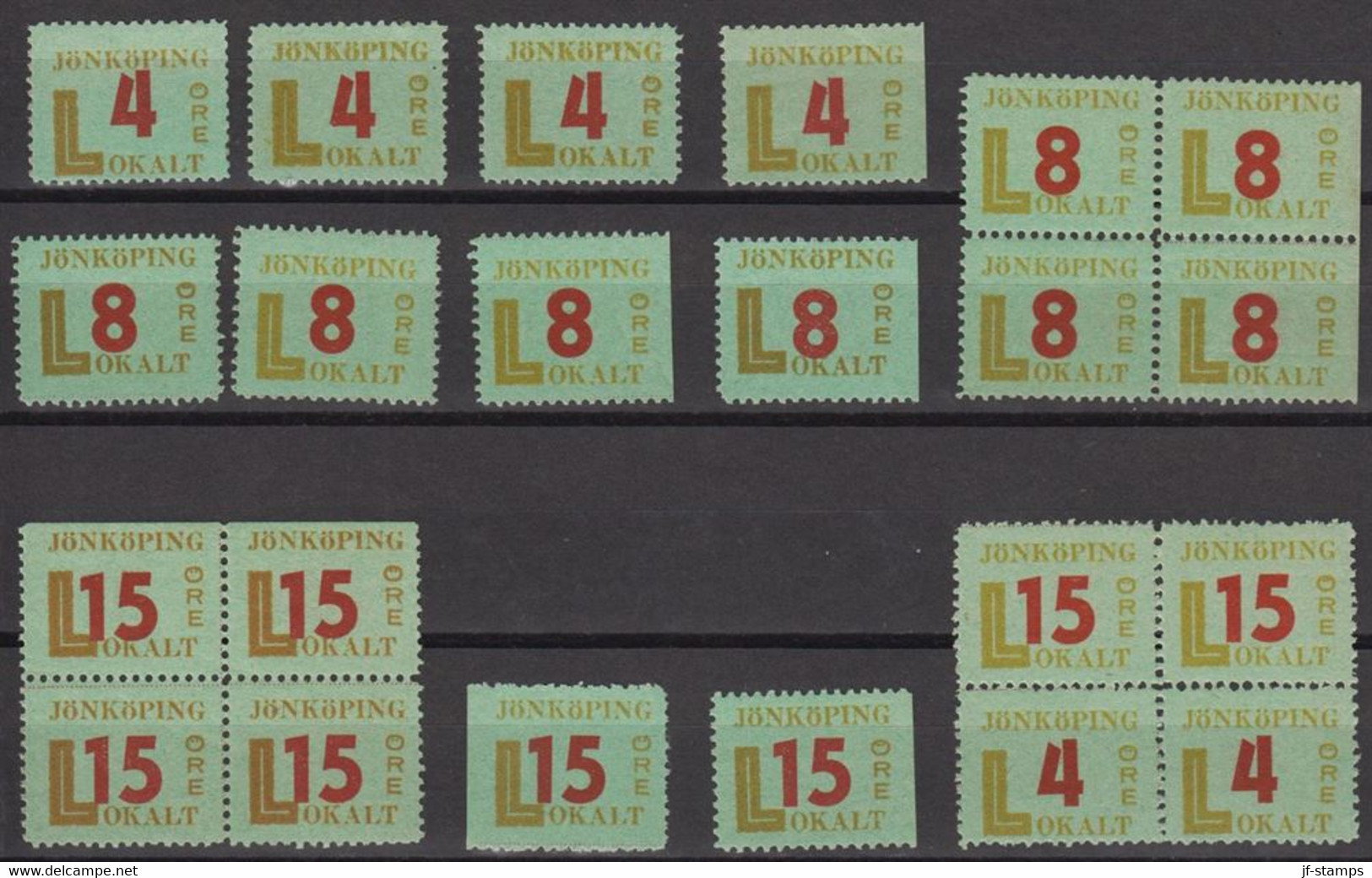 1945. SVERIGE. JÖNKÖPING LOKALT 6 Ex 4 öre + 8 Ex 8 ÖRE + 8 Ex 15 öre All Never Hinged Stamps. Note The Bl... - JF520102 - Local Post Stamps