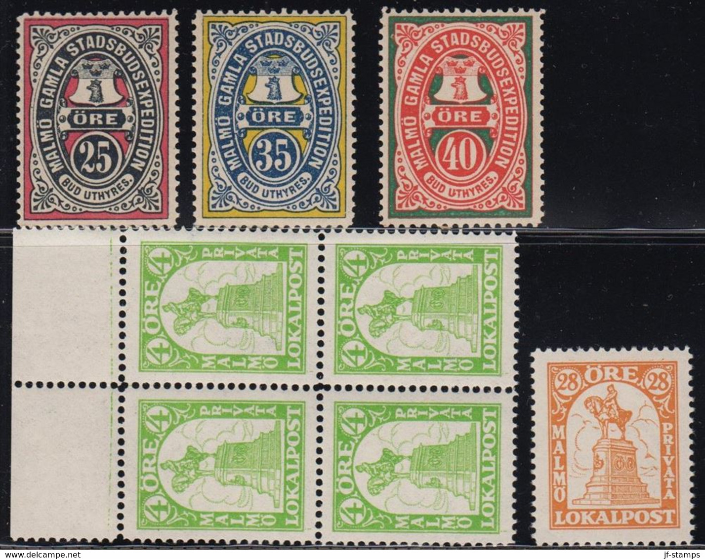 1888-1945. SVERIGE.  MALMÖ LOKALPOST 4-block 4 öre + 28 ÖRE + MALMÖ GAMLA BUDEXPEDITION 25, 35 + 40 ÖRE Al... - JF520103 - Local Post Stamps