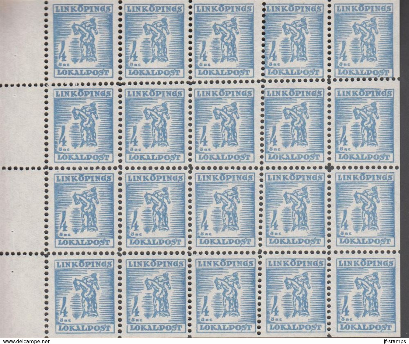 1945. SVERIGE.  LINKÖPINGS LOKALPOST 4 ÖRE In Complete Sheet With 20 Stamps. Never Hinged. Unusual Sheet.  - JF520108 - Emisiones Locales