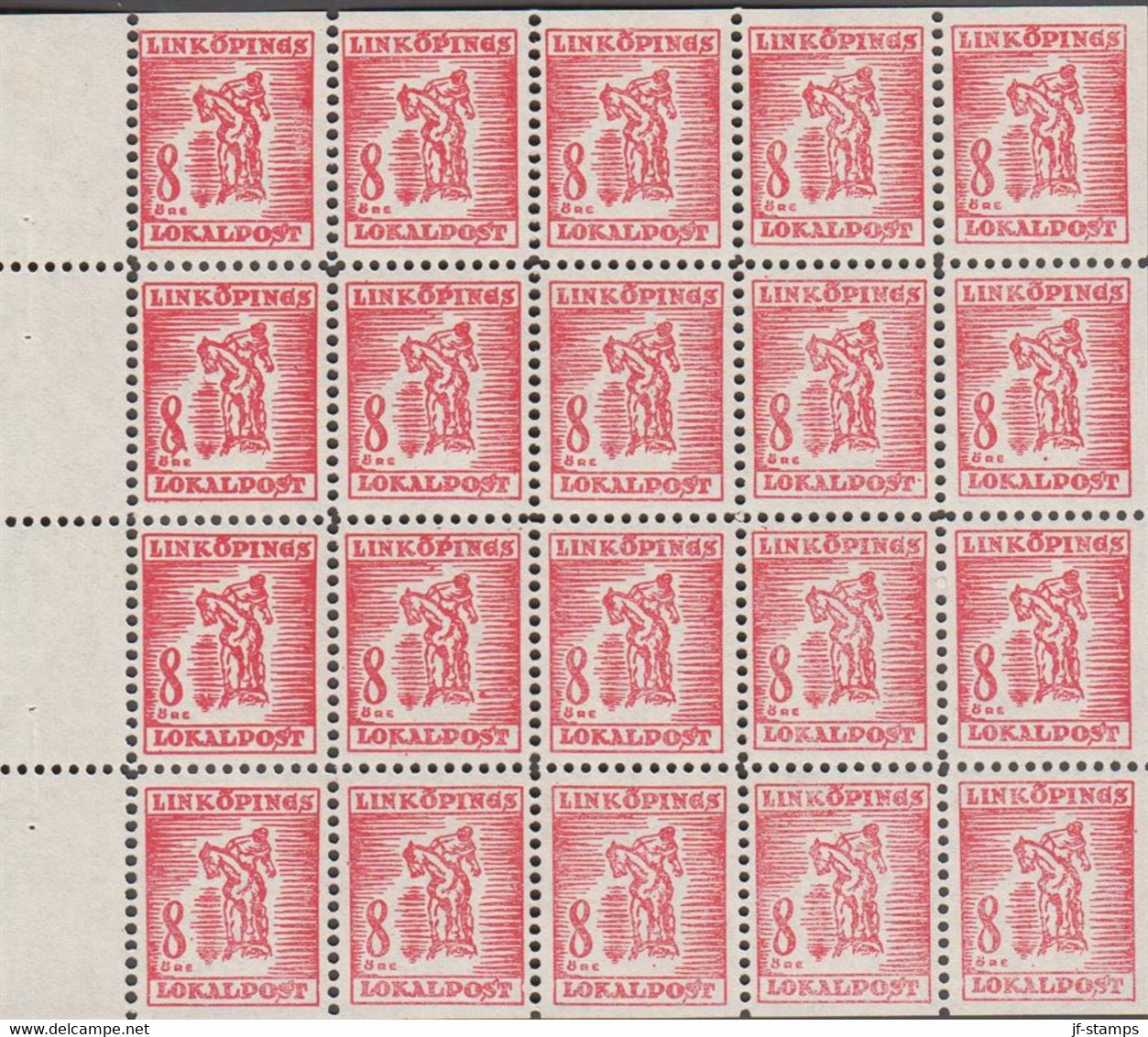 1945. SVERIGE.  LINKÖPINGS LOKALPOST 8 ÖRE In Complete Sheet With 20 Stamps. Never Hinged. Unusual Sheet.  - JF520109 - Ortsausgaben