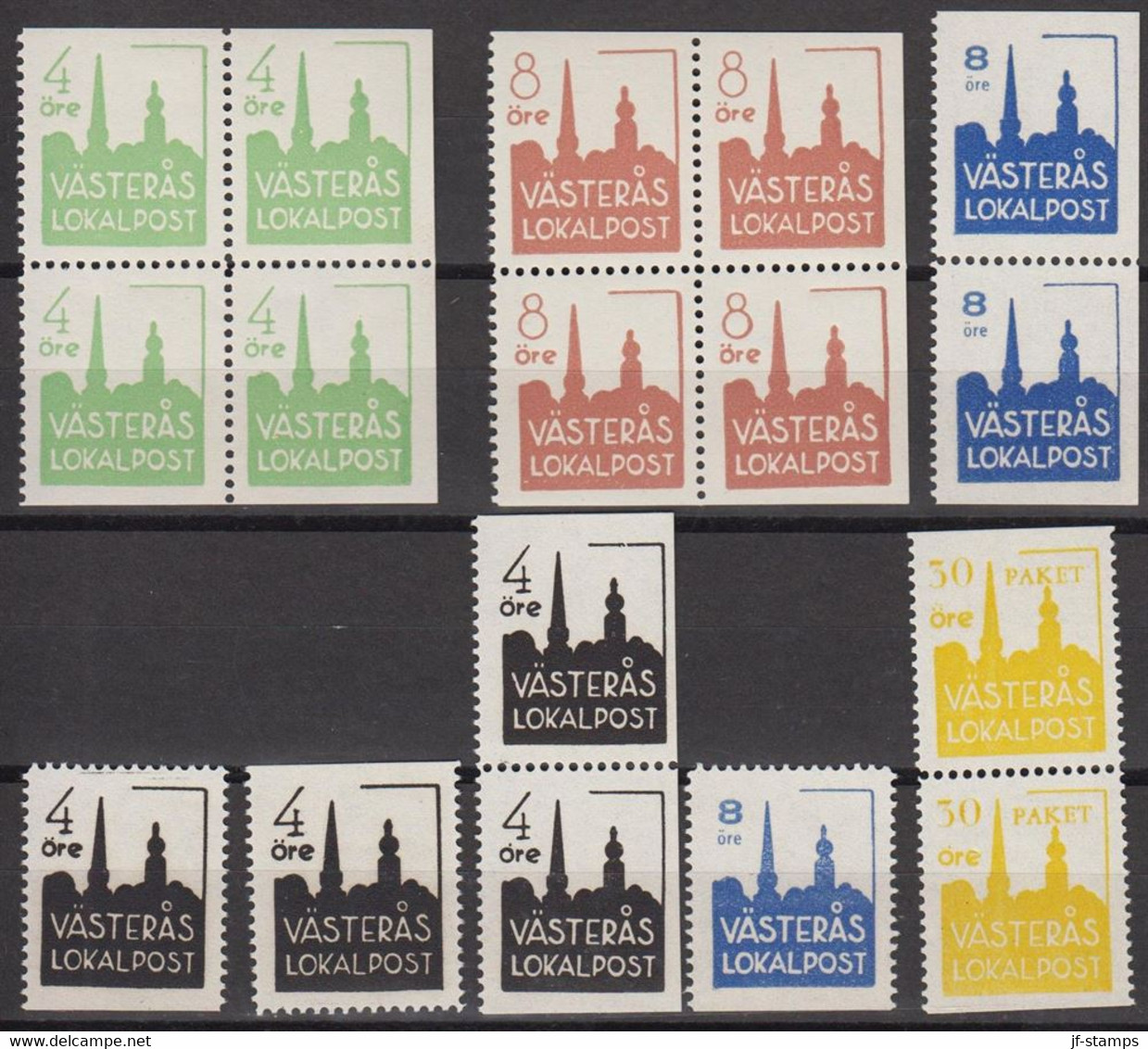 1945. SVERIGE. VÄSTERÅS LOKALPOST. 7 Ex 8 ÖRE + 8 Ex 4 öre + Pair 30 öre PAKET All Never Hinged. One 4 öre... - JF520113 - Emisiones Locales