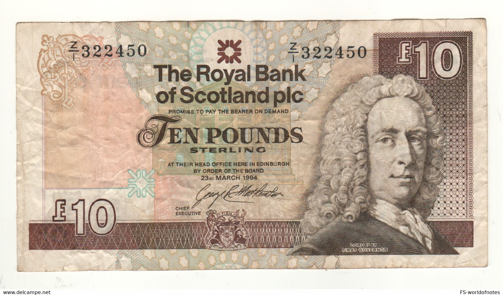 SCOTLAND Scarce 10 Pounds  " Z Serie = REPLACEMENT"  P353a "Royal  Bank Of Scotland"  Dated 23rd March 1994 - 10 Pounds