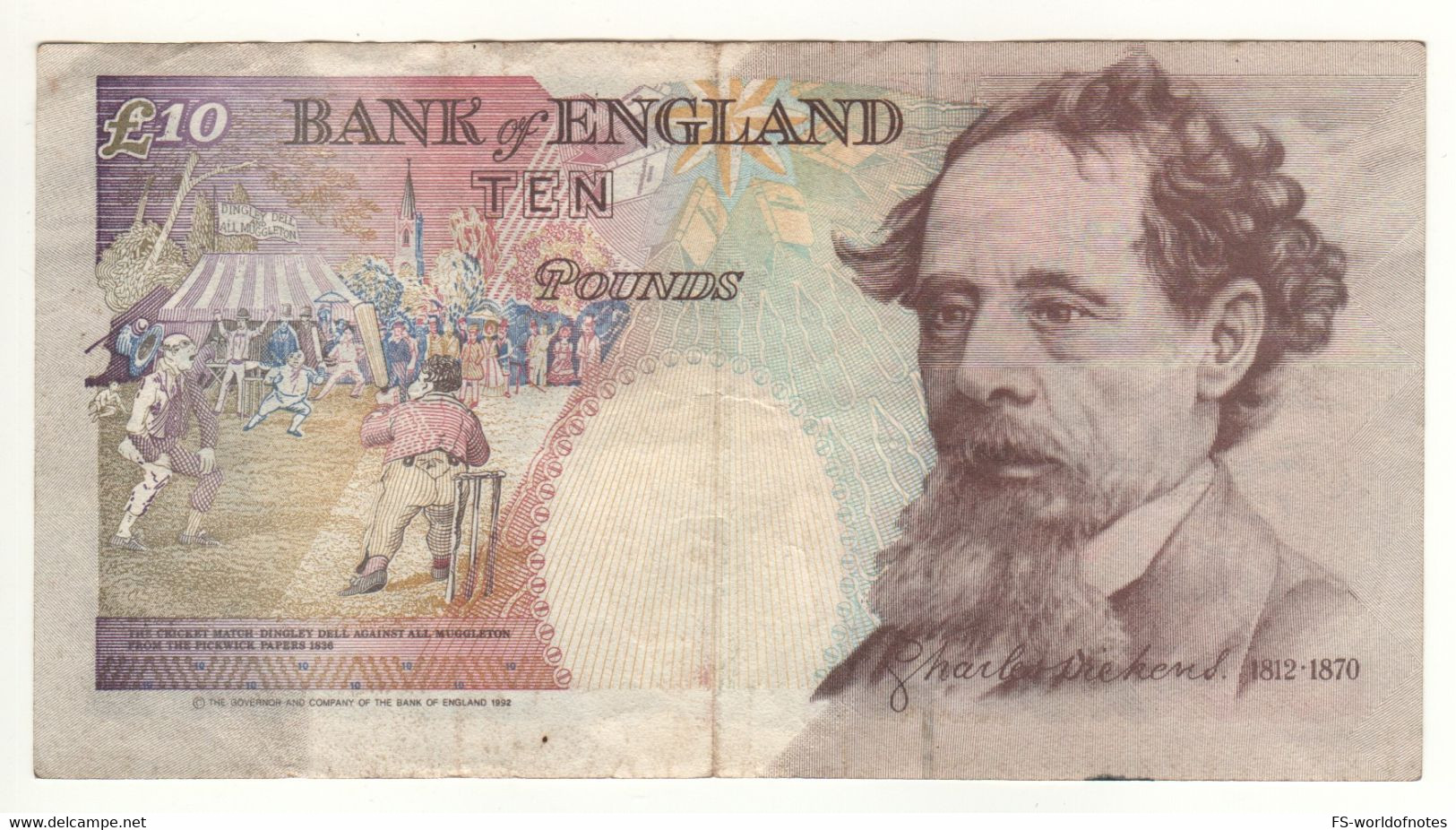 ENGLAND  10 Pounds  P383  "Queen Elizabeth II --crown"  Dated 1992  "Cricket Game  + Charles Dickens" - 10 Pounds