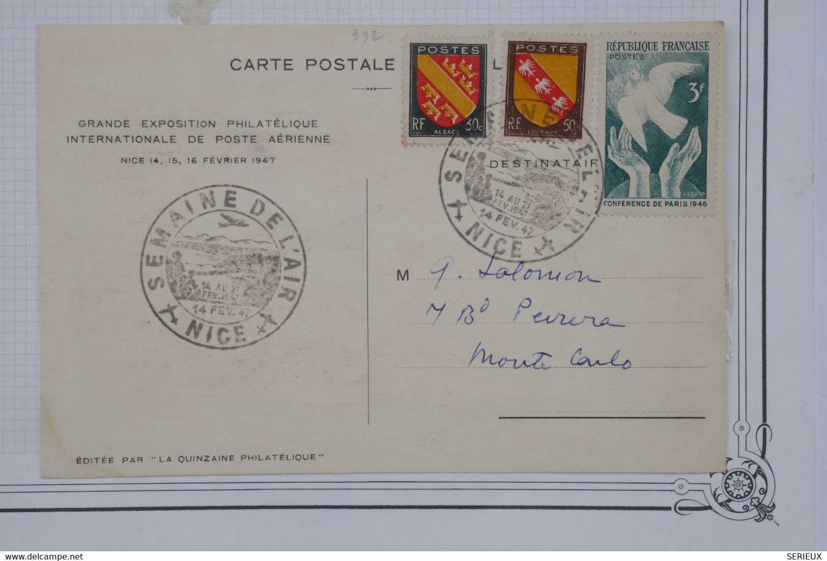 AO 14 FRANCE BELLE  CARTE 1947  SEMAINE  DE L AIR NICE POUR MONTE CARLO  + AFFRANC. PLAISANT - 1960-.... Lettres & Documents
