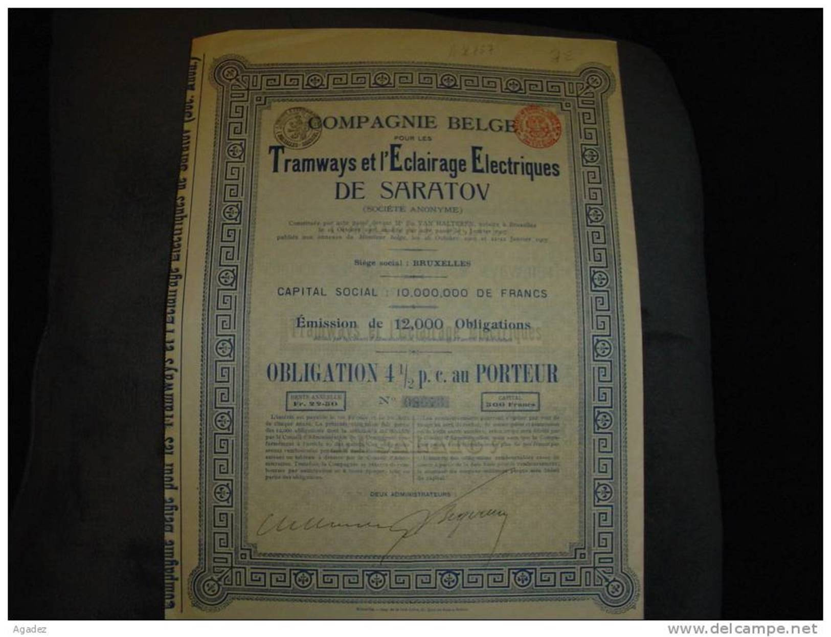 Obligation " Cie Belge Pour Les Tramways Et L'éclairage Electrique De Saratov " Russie Russia Railway Bon état. - Bahnwesen & Tramways