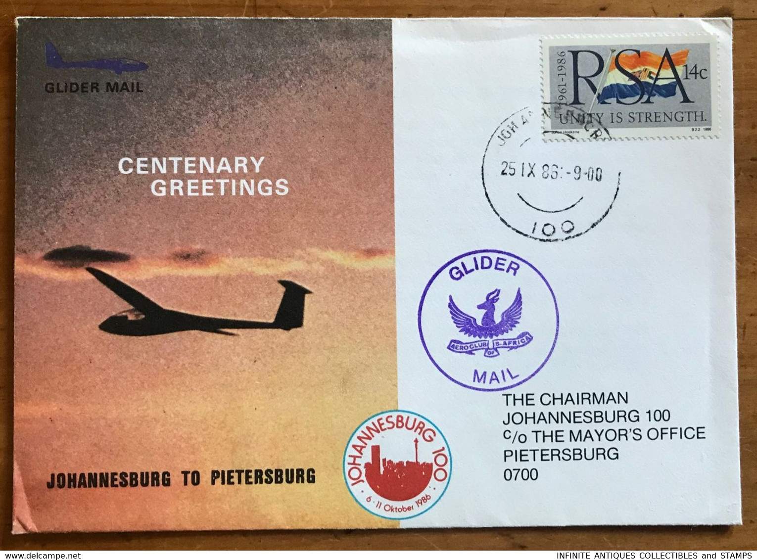 GLIDER MAIL=SOUTH AFRICA=JOHANNESBURG To MAYORS OFFICE, PIETERSBURG=25.9.1986=CENTENARY GREETINGS=JHB 100 - Luftpost