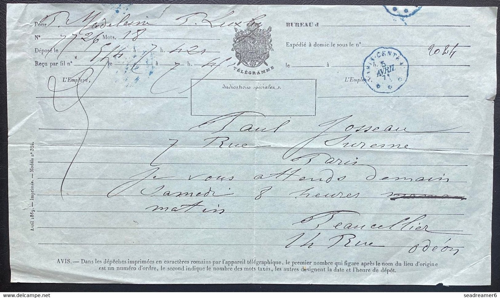 FRANCE Telegramme De Paris Pendant La Commune Daté Du 5 Avril 1871 Dateur Ondulé  " Bureau Central " En Bleu RR - Telegramas Y Teléfonos