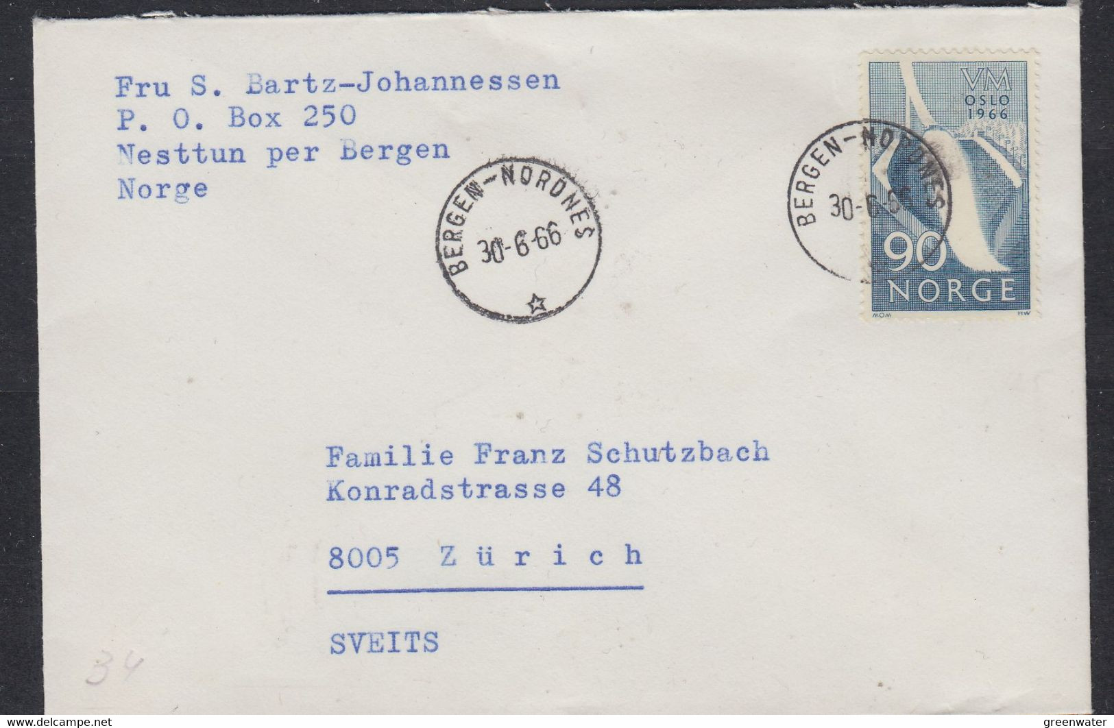 Norway 1966 Cover Ca Bergen-Nordnes 30.6.1966 (57749) - Lettres & Documents