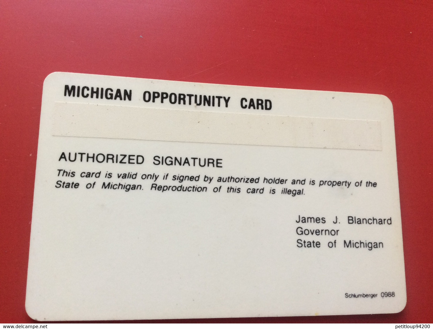 CARTE A PUCE  *Michigan OPPORTUNITY  James J Blanchard GOVERNOR  State Of MICHIGAN - Other & Unclassified