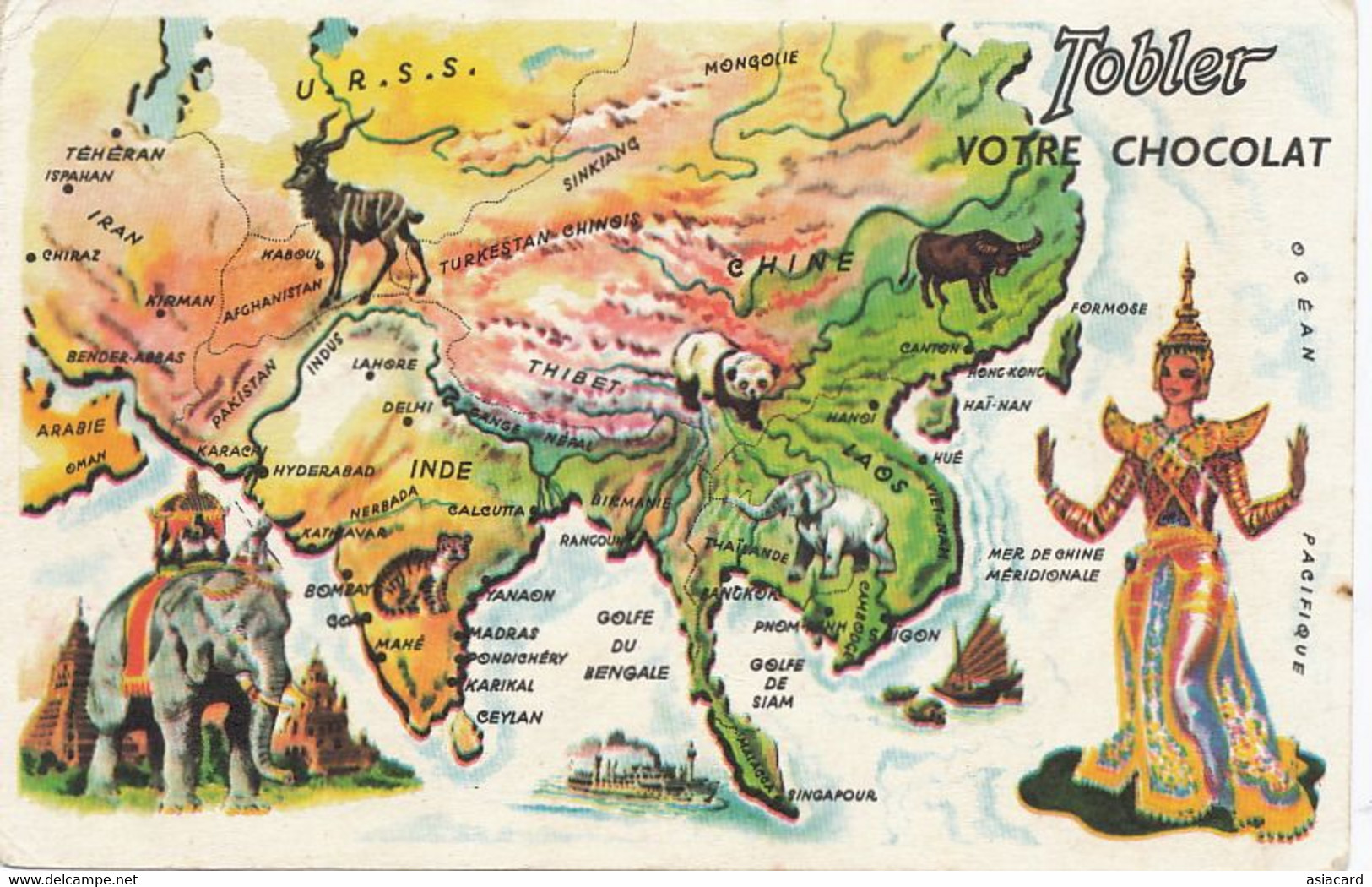 Map Asia Thibet Lhassa India Panda Elephant China  Laos  Siam India  Iran Chiraz  Kaboul  Burma Rangoon Hong Kong Etc - Tibet