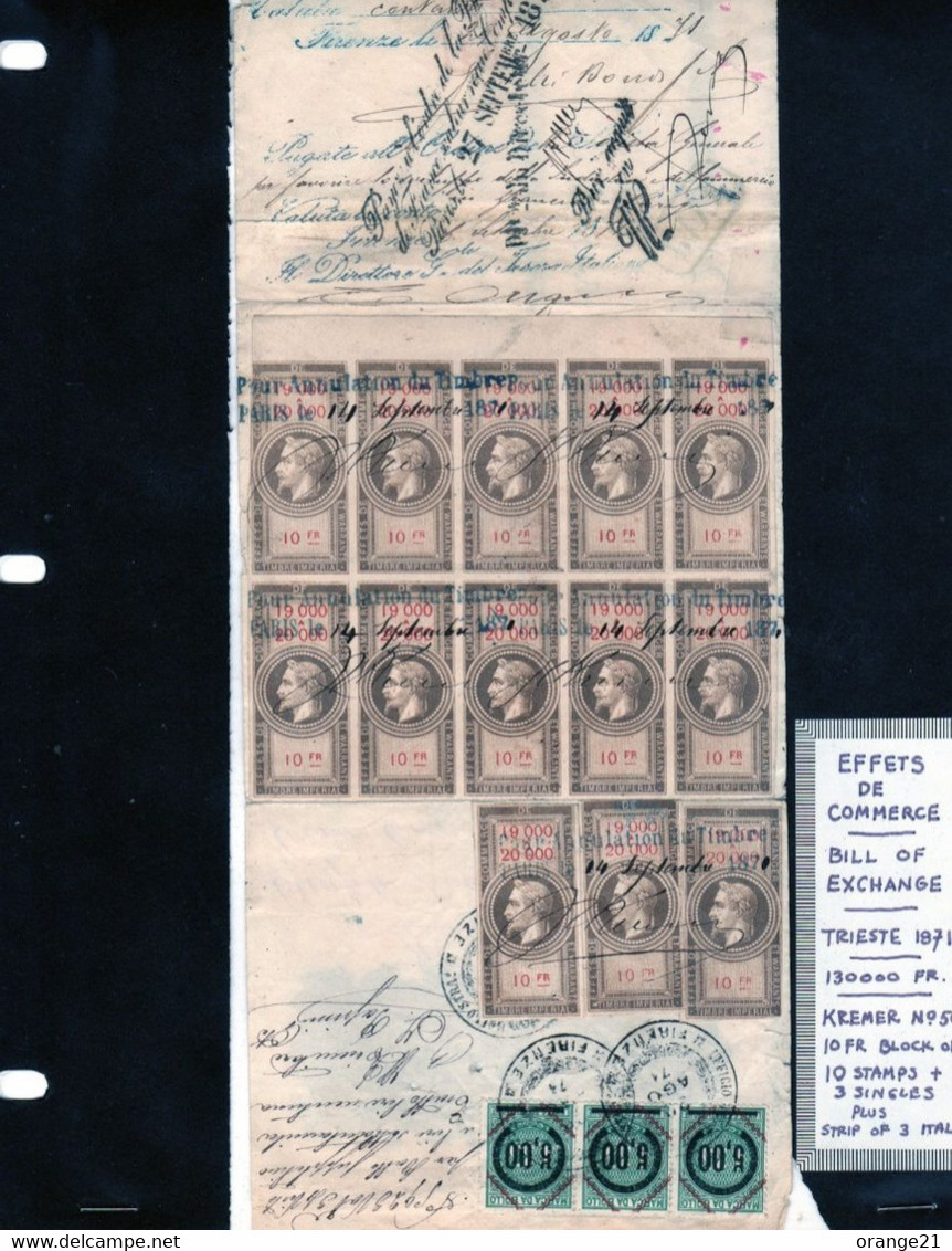 SUPERBE ET RARE EFFET DE COMMERCE AVEC 13 TIMBRES NAPOLEON DONT UN CASSURE N°50 - Wechsel