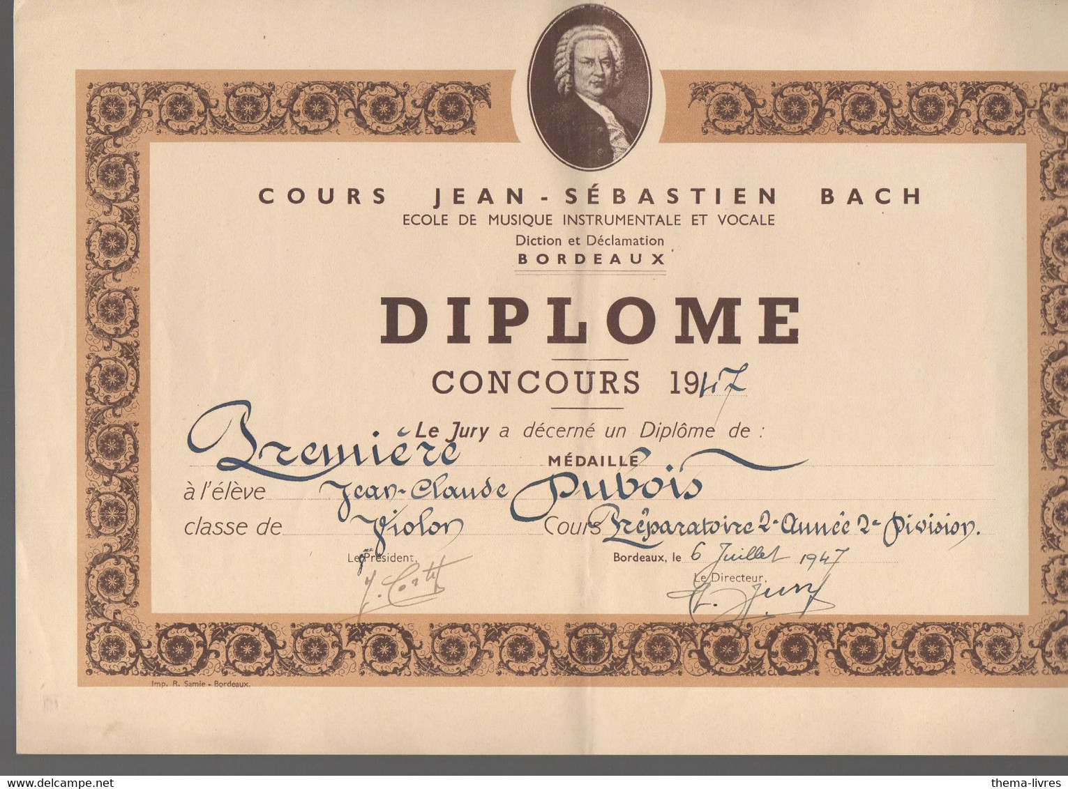 Bordeaux (33 Gironde) Diplome COURS JS BACH 1947  (M3518) - Diploma & School Reports