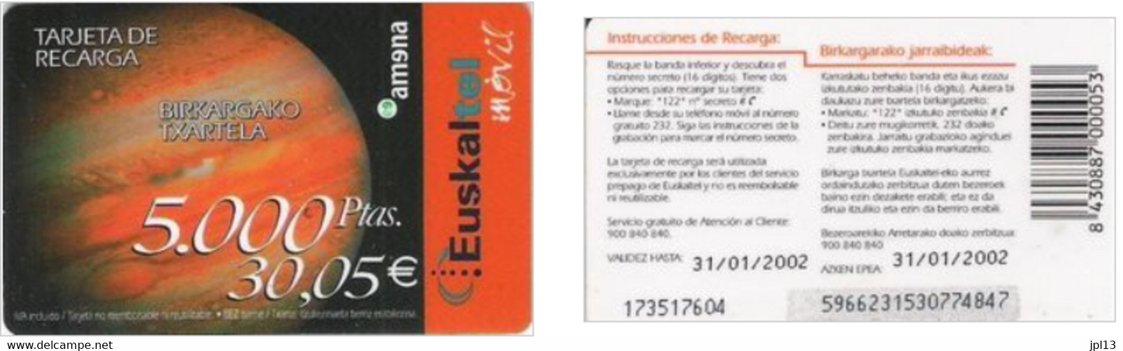 Recharge GSM - Euskaltel - Planète, Exp. 01/2002 - Euskaltel