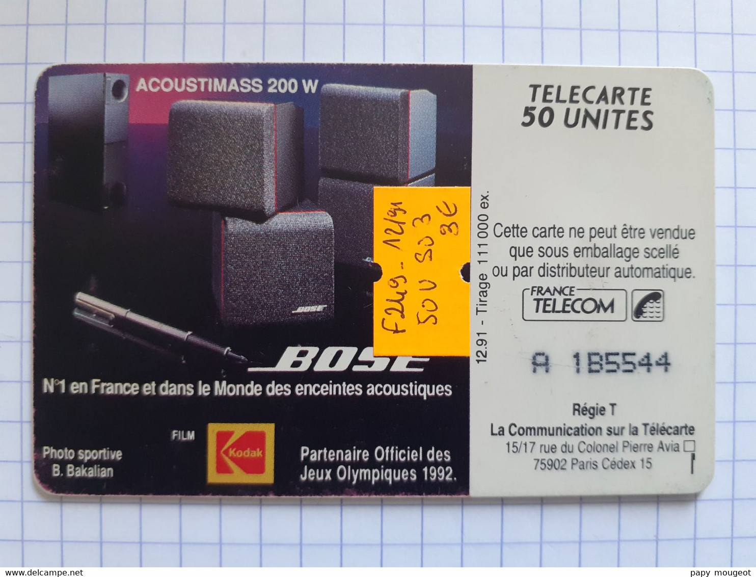 F219 Bose Ski Artistique 50U SO3 12/91 N° A 1B5544 - Giochi Olimpici