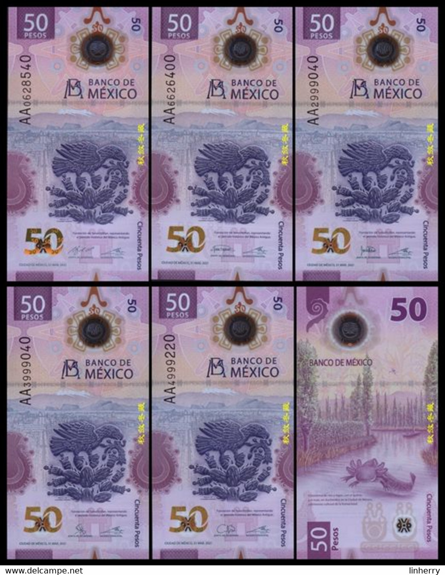 Mexico 50 Pesos (2021),  5 Different Signatures, AA Prefix, 5 Pcs Per Set, Polymer, UNC - Mexico