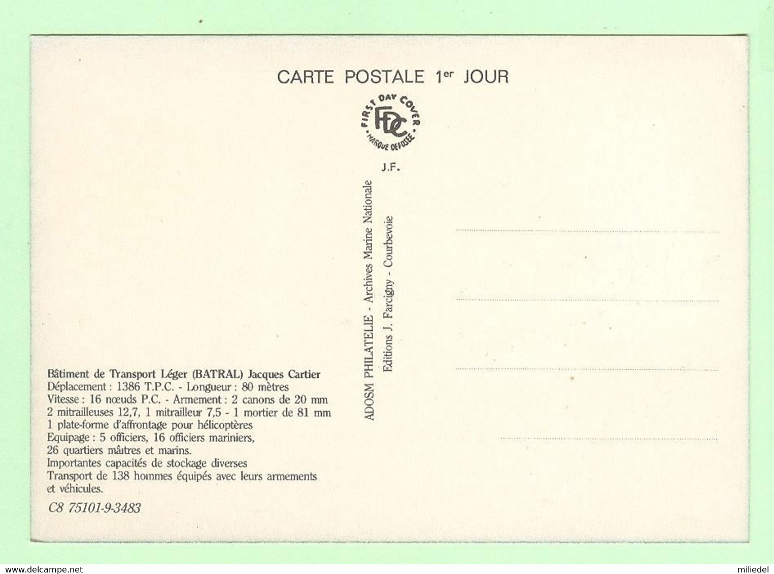 T1286 - Carte Maximum 1er Jour - 1985 - Bâtiment De Transport Léger Batral, Jacques Cartier - Tarjetas – Máxima