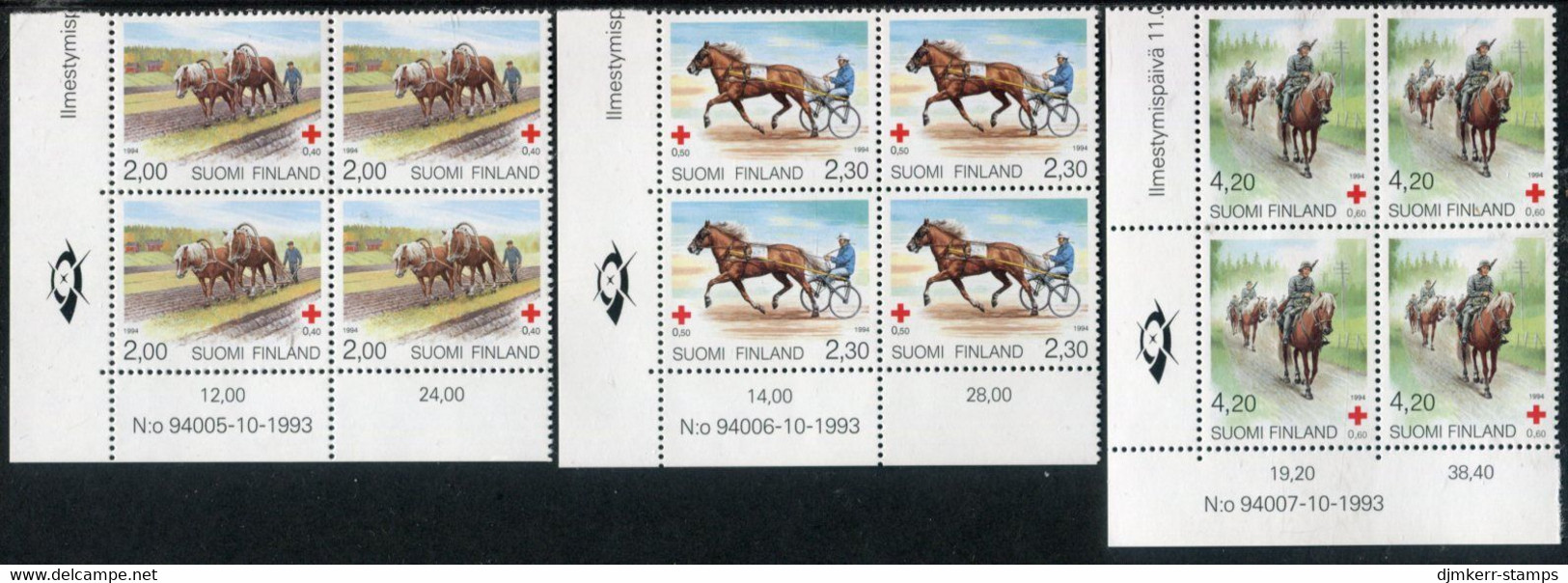 FINLAND 1994 Red Cross: Horses Blocks Of 4 MNH / **.  Michel  1245-47 - Unused Stamps
