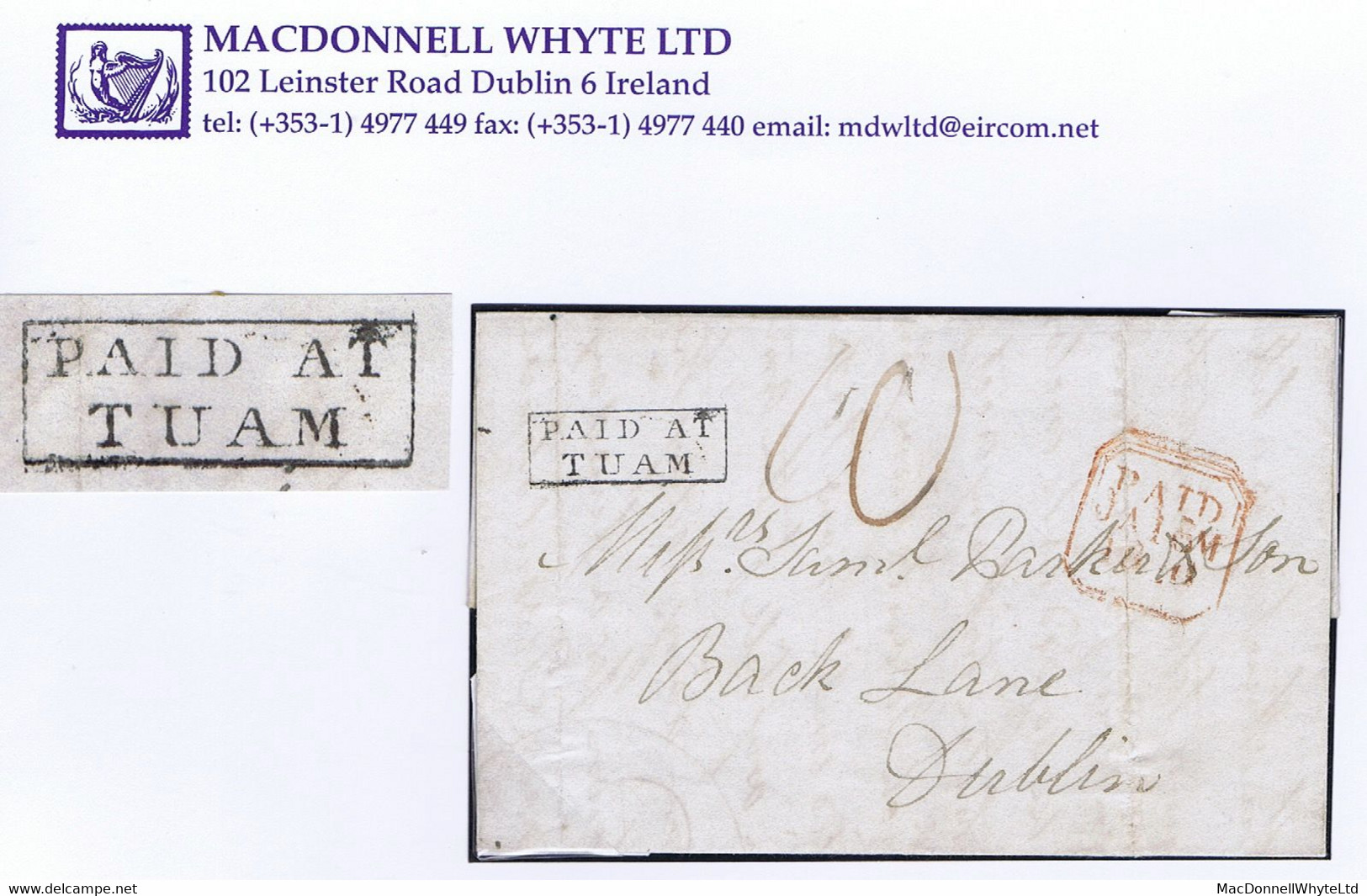 Ireland Galway 1836 Letter Tuam To Dublin Prepaid "10" With Framed PAID AT/TUAM Excellent Strike In Black - Préphilatélie