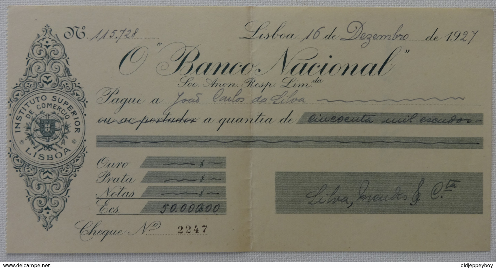 1927  Cheque Check Chèque Banco Nacional Instituto Superior De Comercio  Lisboa - Cheques & Traveler's Cheques