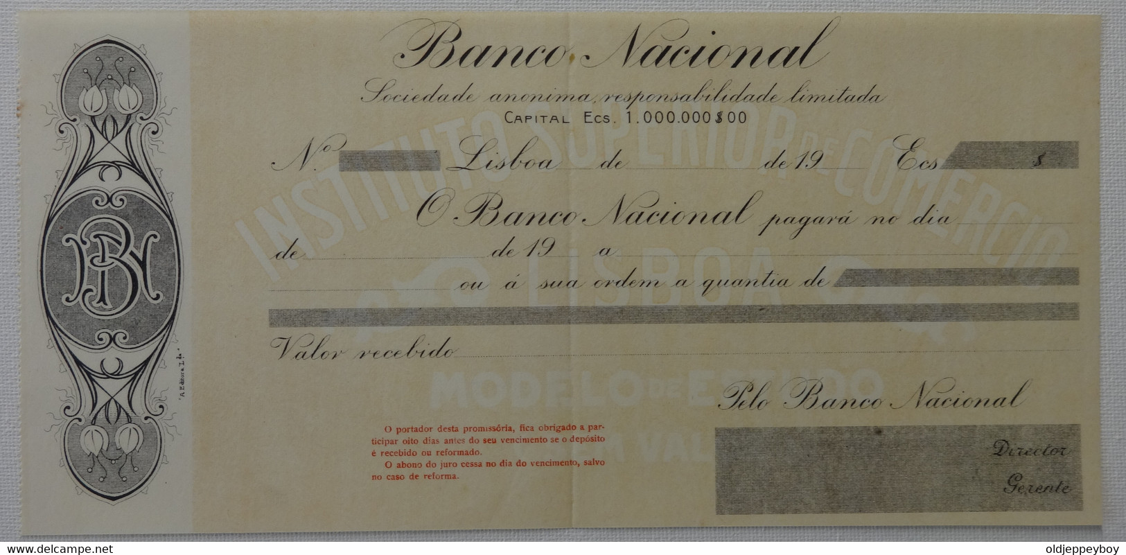 1900s   Cheque Check Chèque  Banco Nacional Instituto Superior De Comercio  Lisboa Big Size 13 Cm X 28 Cm Rare - Cheques & Traveler's Cheques