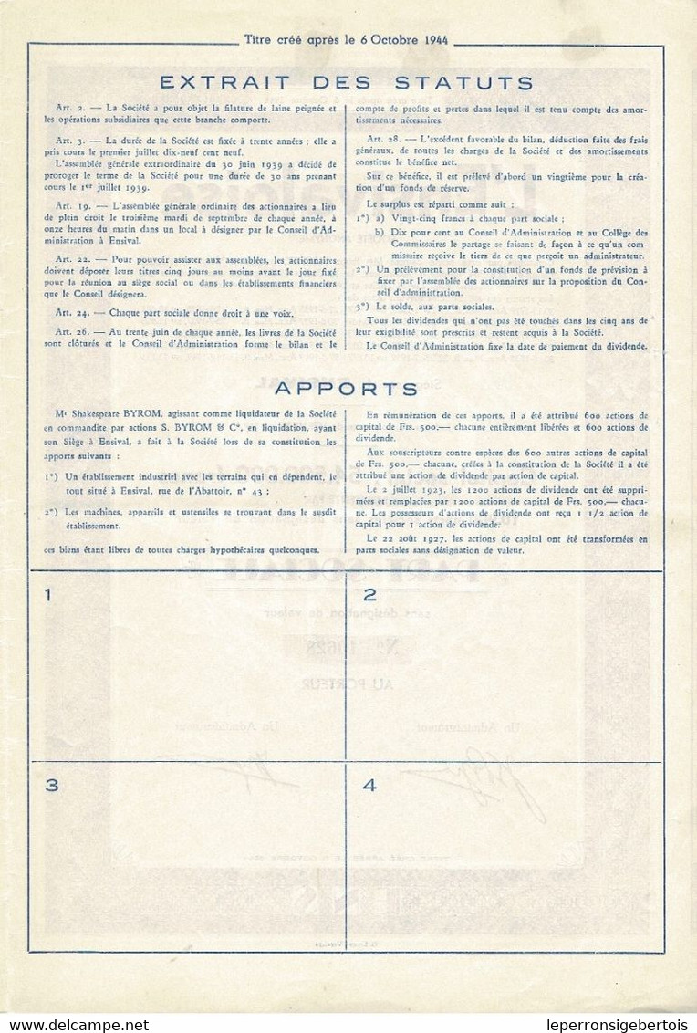 Titre De 1949 - L'Ensivaloise - Société Anonyme - Textile