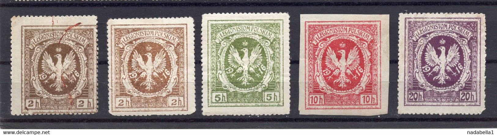 1916. POLAND, LEGIONAR POLISH REVENUE, TAX STAMPS, SET OF 5, MH - Ongebruikt