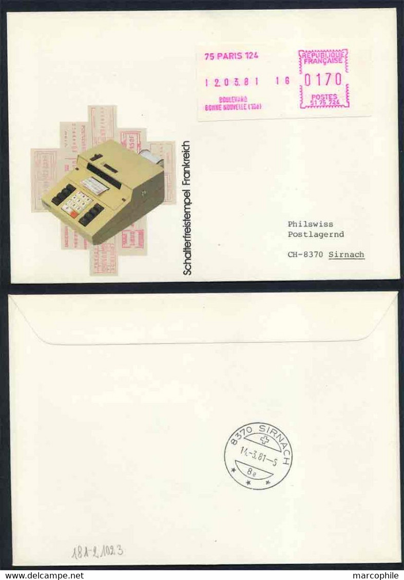 TIMBRE DE DISTRIBUTEUR - 75 PARIS 124 - BD BONNE NOUVELLE / 1981 ENVELOPPE FDC POUR LA SUISSE(ref 9119k) - 1981-84 Types « LS » & « LSA » (prototypes)