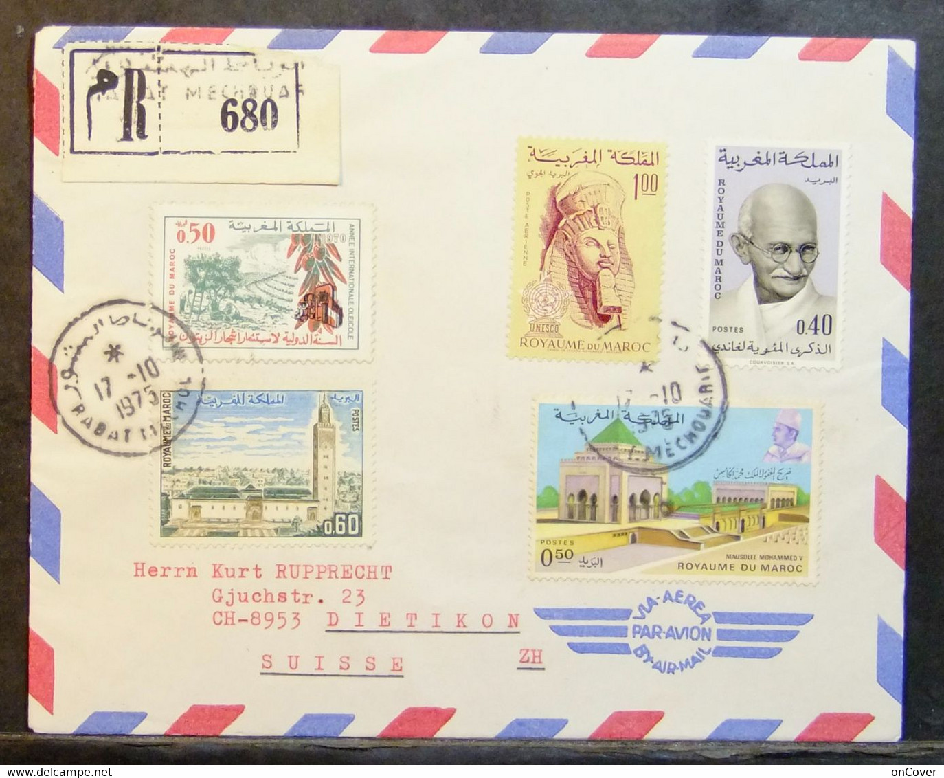 Morocco - Registered Cover To France 1975 Gandhi Mosque UNESCO Olive Oil - Mahatma Gandhi