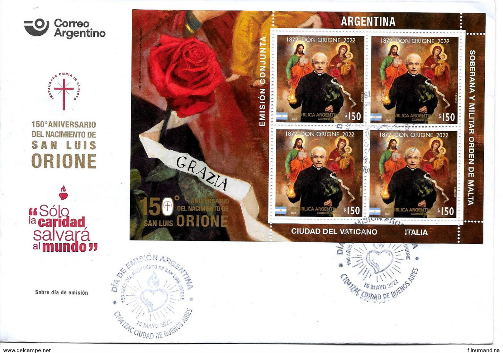 #75112 ARGENTINE,ARGENTINA 2022 DON ORIONE JOINT ISSUE ITALIA-VATICANO-S.O.MALTA RELIGION S/SHEET FDC - Unused Stamps