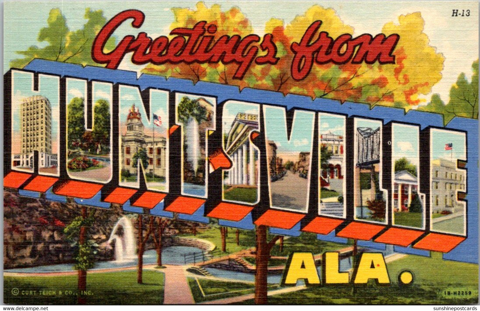 Alabama Greetings From Huntsville Large Letter Linen Curteich - Huntsville