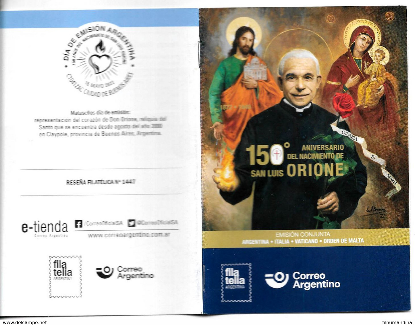 #75113 ARGENTINE,ARGENTINA 2022 DON ORIONE JOINT ISSUE ITALIA-VATICANO-S.O.MALTA RELIGION POST BROCHURE - Unused Stamps