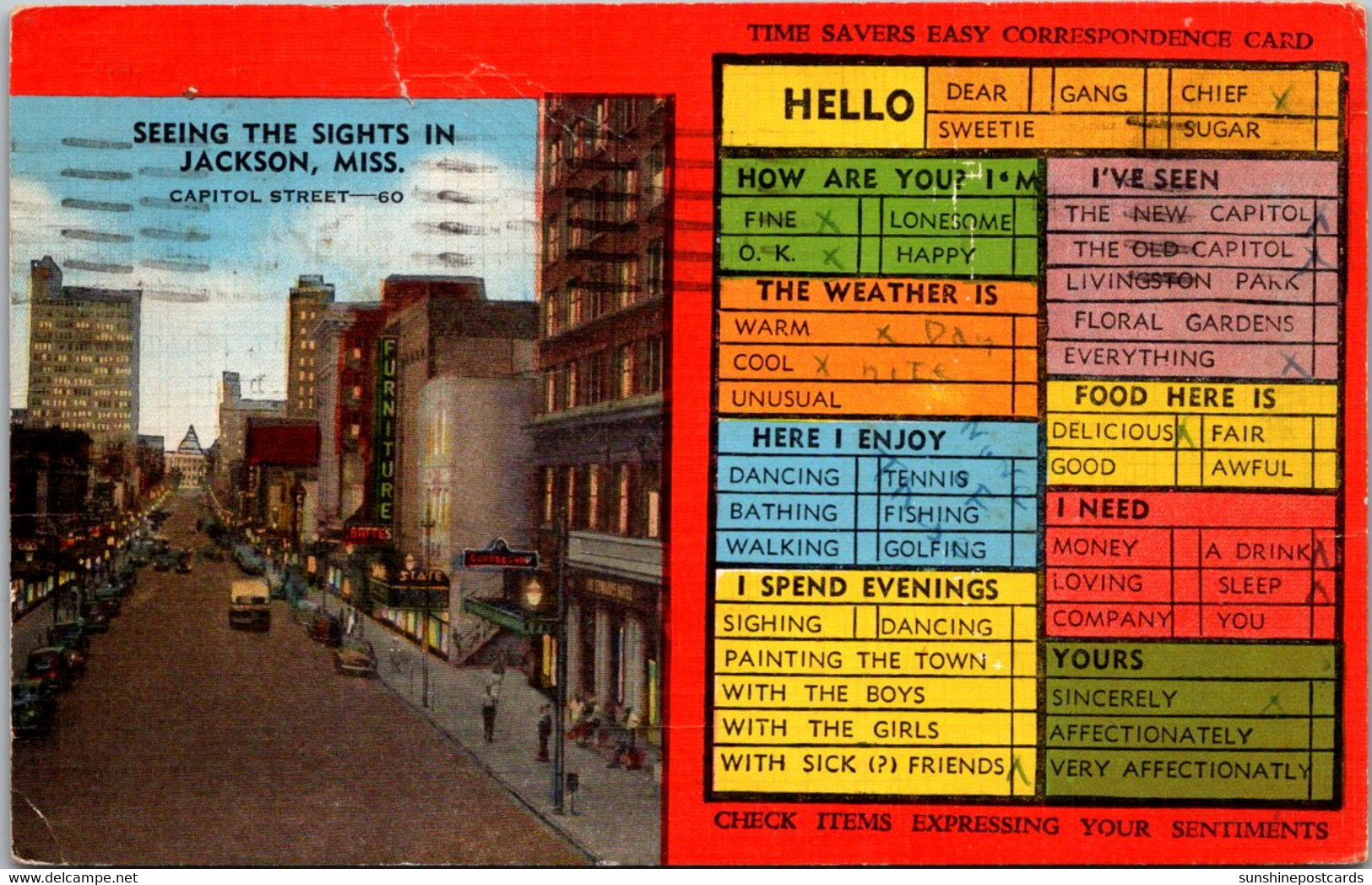 Mississippi Jackson Seeing The Sights Time Savers Easy Correspondence Card 1946 - Jackson