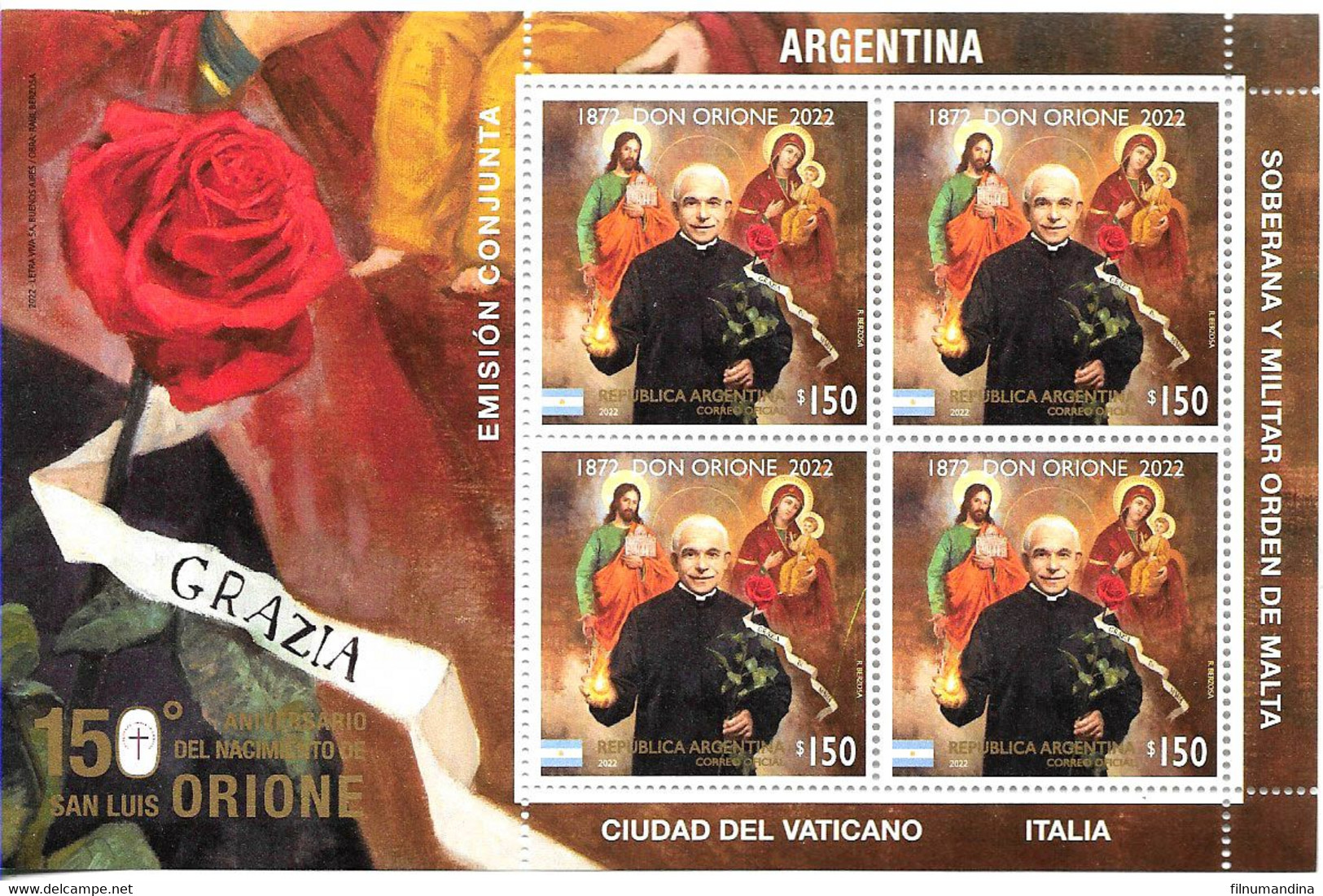 #75114 ARGENTINE,ARGENTINA 2022 DON ORIONE JOINT ISSUE ITALIA-VATICANO-S.O.MALTA RELIGION S/S,COMBO MNH+FDC+BROCHURE - Unused Stamps