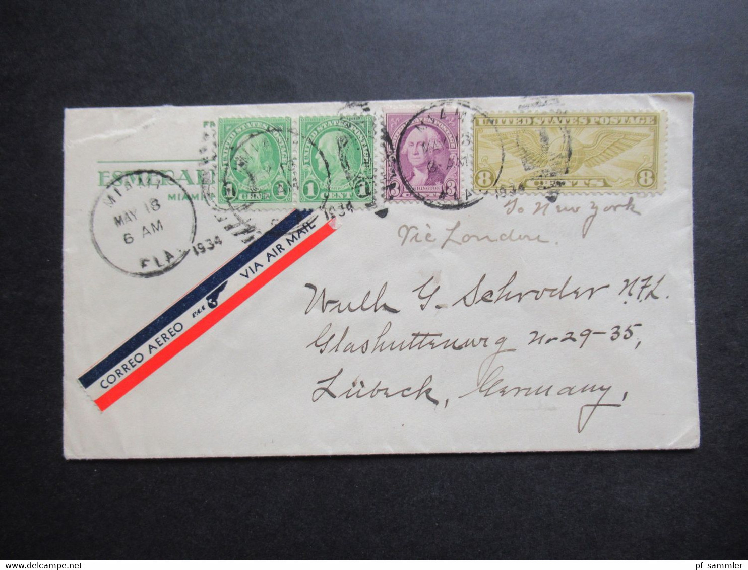 USA 1934 Via Air Mail / Luftpost Miami To Ney York über London Und Stempel Paris Nach Lübeck Umschlag Esmeralda Miami - Cartas & Documentos