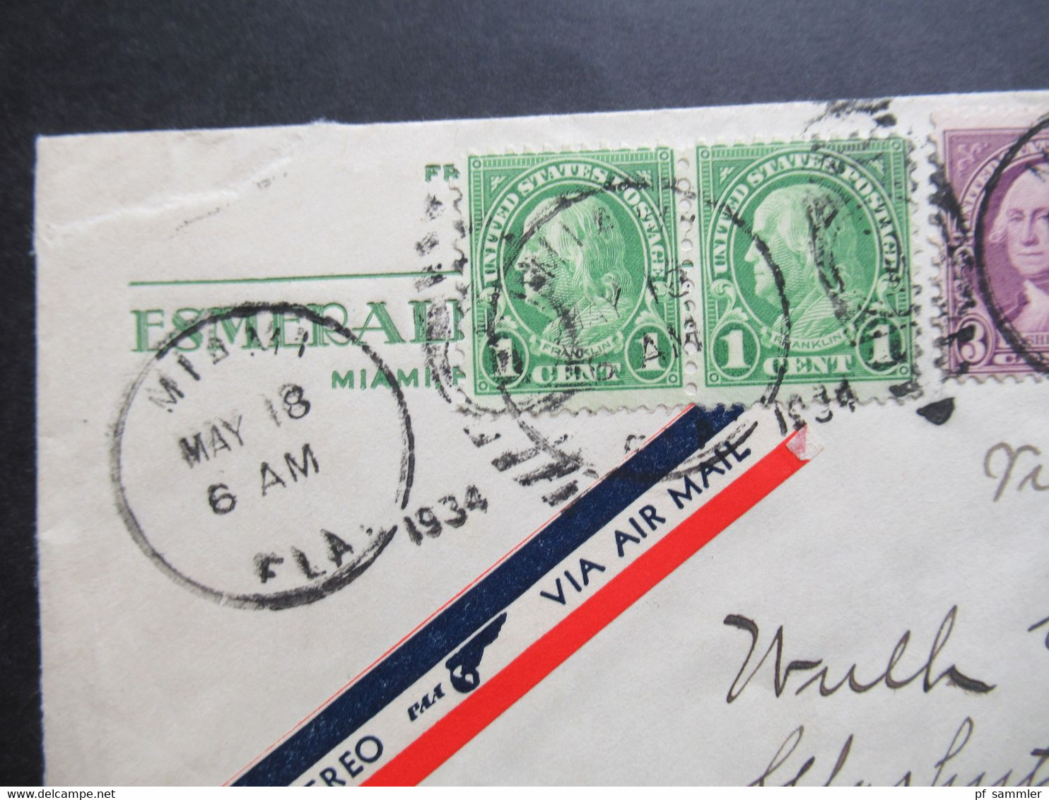 USA 1934 Via Air Mail / Luftpost Miami To Ney York über London Und Stempel Paris Nach Lübeck Umschlag Esmeralda Miami - Cartas & Documentos