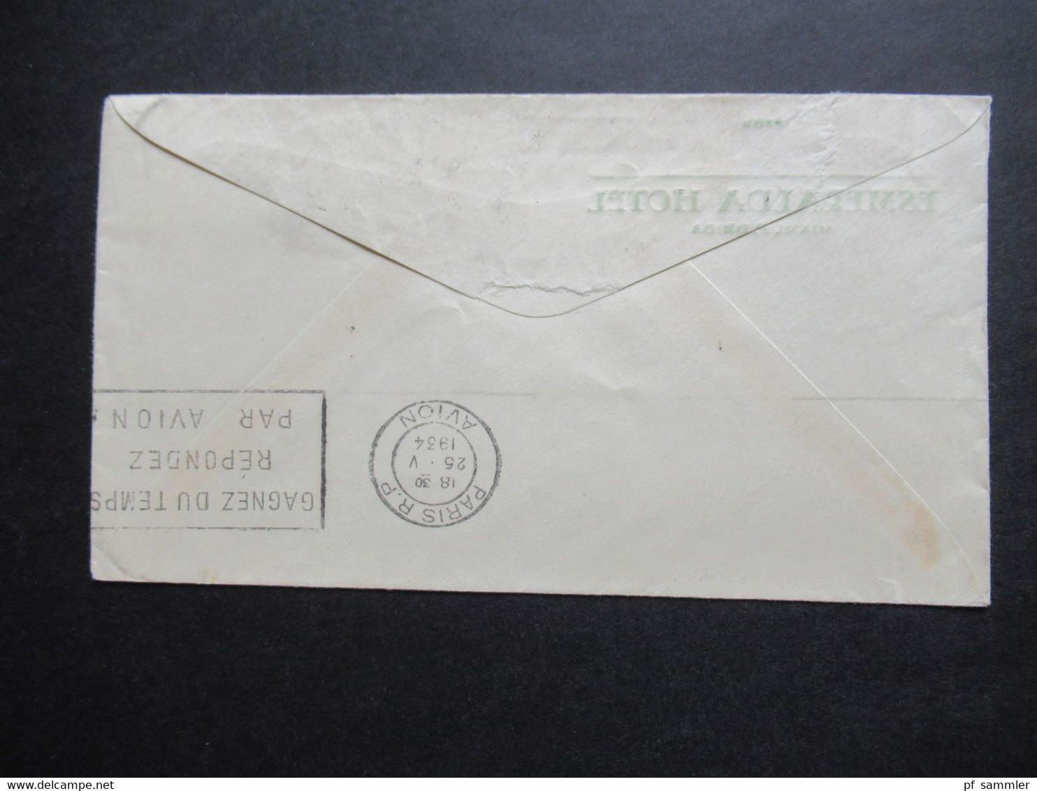 USA 1934 Via Air Mail / Luftpost Miami To Ney York über London Und Stempel Paris Nach Lübeck Umschlag Esmeralda Miami - Storia Postale