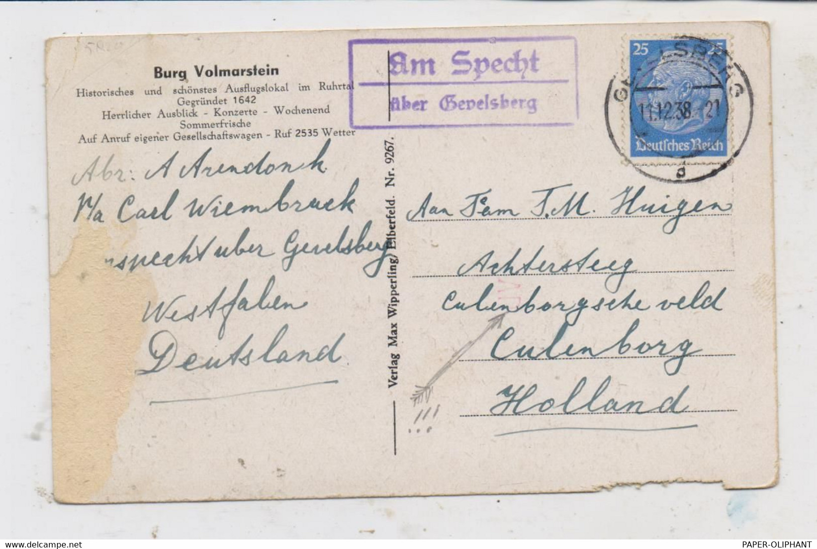 5802 WETTER - VOLMARSTEIN, Blick In Das Ruhrtal, Landpoststempel "Am Specht über Gevelsberg", 1928, Randmängel - Wetter